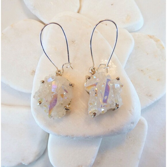 Angel Aura Quartz Crystal Sterling Silver Earrings Genuine Healing Jewelry - Picture 3 of 6